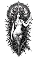 sexy freya norse goddes connecting on tree growing, body is made parth of tree tattoo design idea