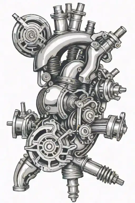 mechanical heart driven by a crankshaft with spark plugs pistons and a turbo around it  tattoo design idea