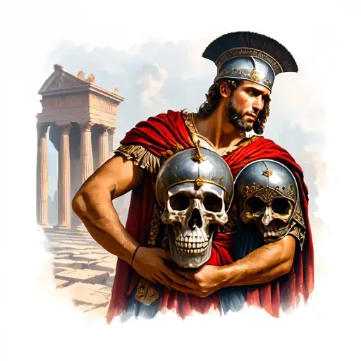 A Roman centurion holding a skull, with a background of ancient Roman architecture tattoo design idea