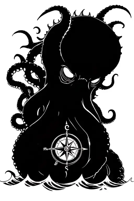 angry kracken octopus in ocean with nautical compass in middle with tentacles out wide with waves tattoo design idea