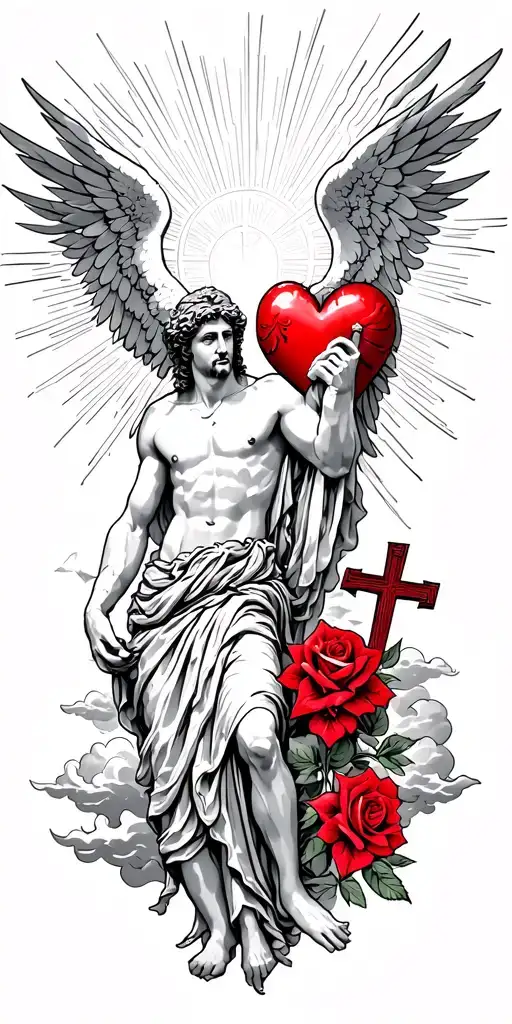 Greek god and an angel and a heart with rays and clouds and a cross with lightly red colored roses throughout tattoo design idea