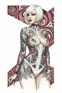 Sexy petite goth Woman with white short bob hairstyle, giant Boobs, Wide hips, G-String, Revealing bra, Full Body View tattoo design idea