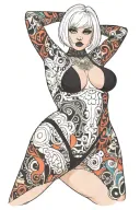 Sexy petite goth Woman with white short bob hairstyle, giant Boobs, Wide hips, G-String, Revealing bra, Full Body View tattoo design idea