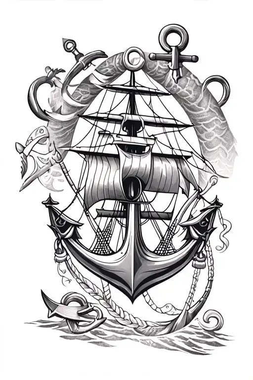nautical galleon and anchor surrounded tattoo design idea
