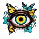 evil eye with bee and butterfly surrounded tattoo design idea