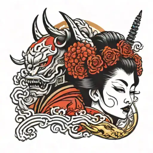 geisha with oni mask split in half tattoo design idea