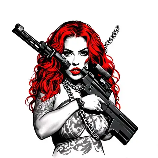 Portrait of latina woman with red hair and big lips With Chain Around her neck holding asault rifle in her hands tattoo design idea