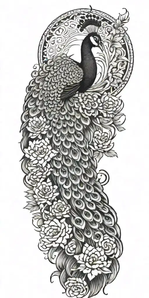male peacock and chrysanthemum flowers japanese style around the arm line and shade work tattoo design idea