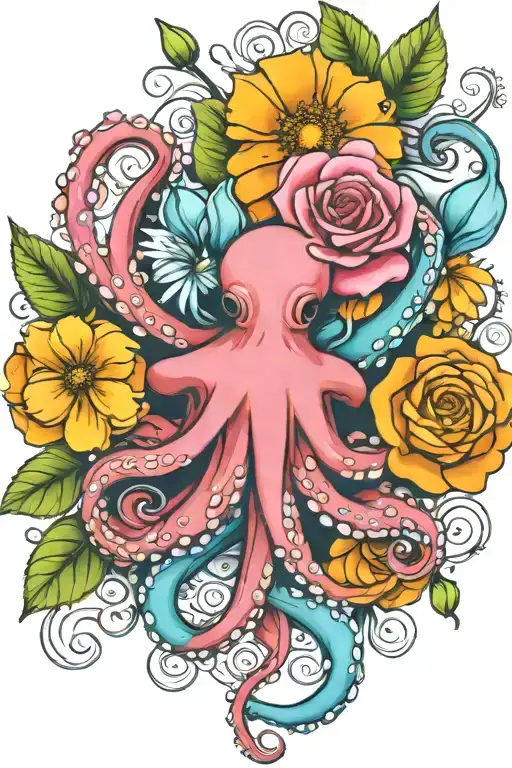 octopus, snowdrop, rose,  marigold flower tattoo design idea