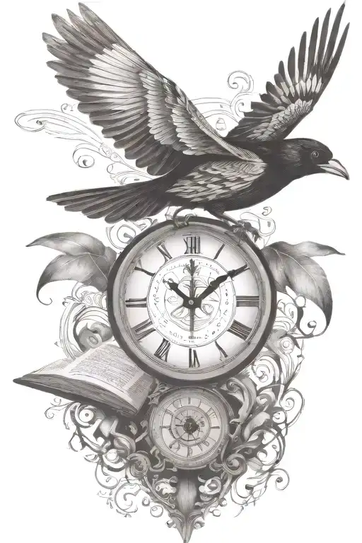 Oriole bird  with roman numeral clock in the background with bible verse tattoo design idea