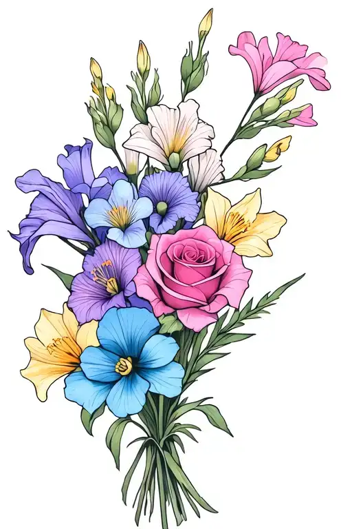 gladiolus, daffodil, rose, sweet pea birth flower bouquet. I like colors: blues, pinks, purples, cyan tattoo design idea