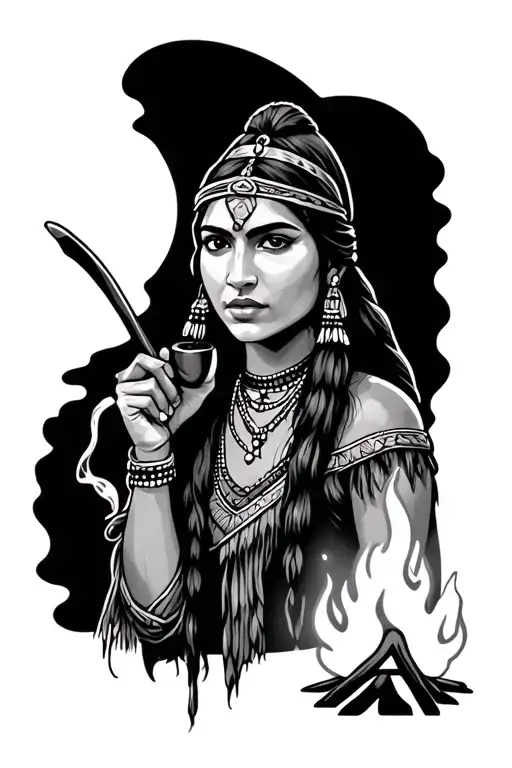 Portrait Pocahontas smoking a pipe with campfire tattoo design idea