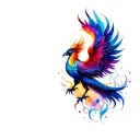 A vibrant and emotional tattoo design of a colorful phoenix rising majestically from ashes, symbolizing the emotional  tattoo design idea