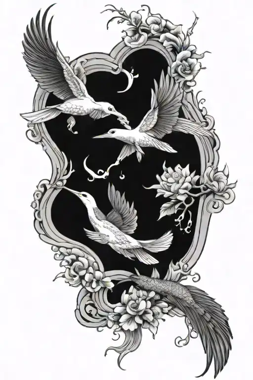 Japanese folklore with Koi fish swimming, and Heron flying tattoo design idea