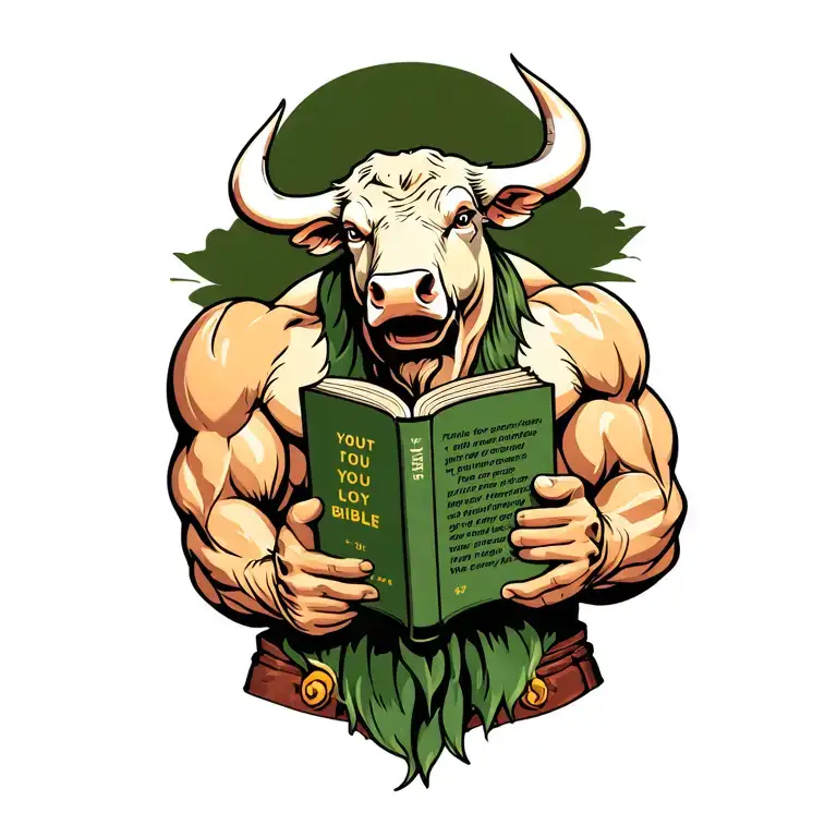 Muscle Bull holding a book bible verse Philippians 4:13 tattoo design idea