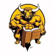 Muscle Bull holding a book bible verse Philippians 4:13 tattoo design idea