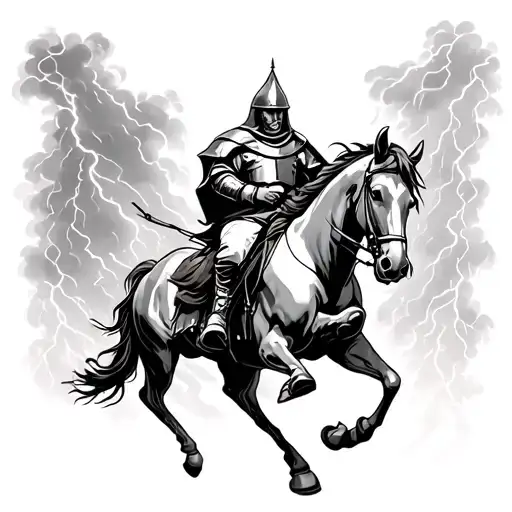 crusader riding a horse in a thunder storm  tattoo design idea