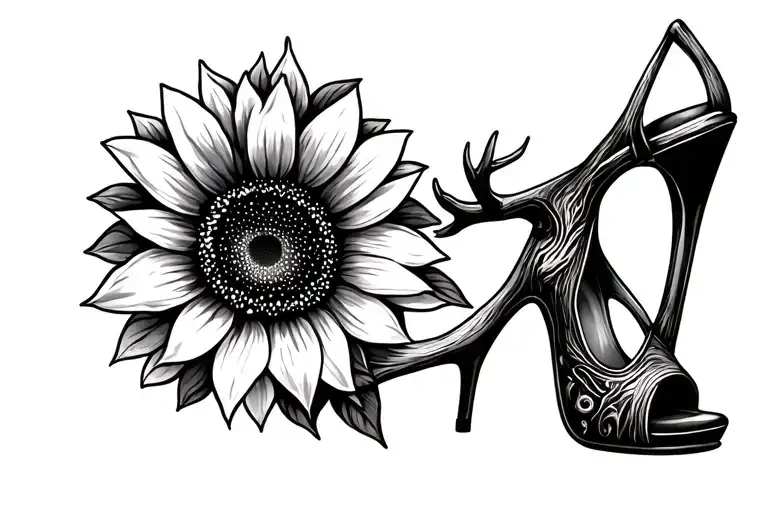 sunflower and line and high heel and moose antler tattoo design idea