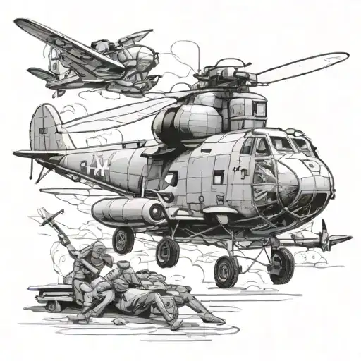 A realistic depiction of a British army WW2 scene with soldiers, tanks, and aircrafts, all intertwined on a leg tattoo tattoo design idea