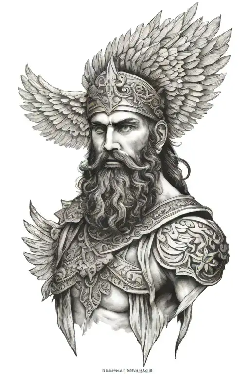 Bearded warrior with wings and the inscription Armenia tattoo design idea