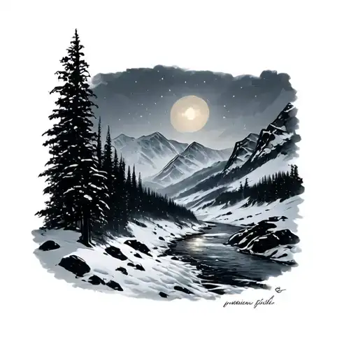 snowy mountain slope at night with a river tattoo design idea