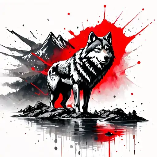 Wolf on a mountain, in lower part a river that reflects a family tattoo design idea