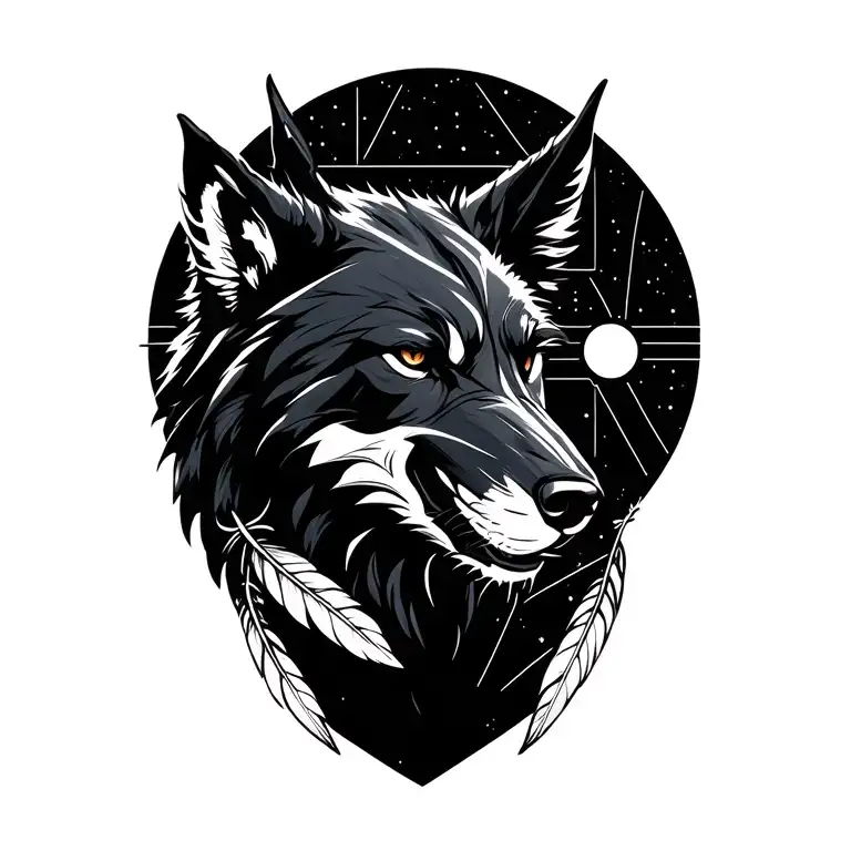 black wolf head with 2 feathers stick to the ear, death star de star wars on background tattoo design idea