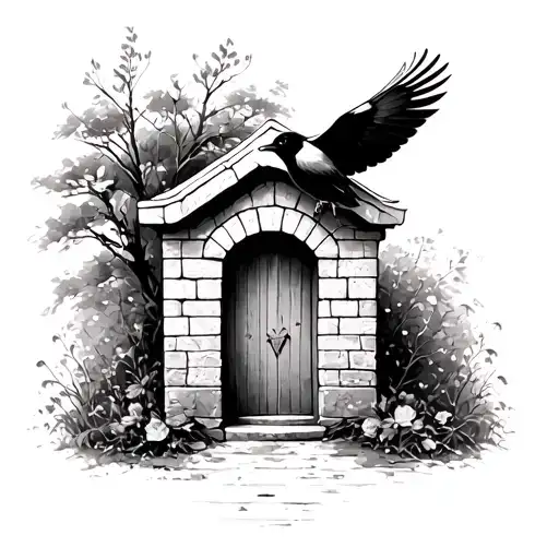Memorial Tattoo a on man’s forearm with a lifelike magpie flying in front of a small stone built door incorporating a he tattoo design idea