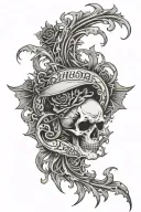 gothic loyalty over dishonor with a black outline white inside in the background, black and gray shadows and flames  tattoo design idea