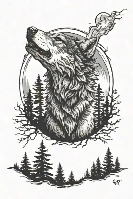 A wolf howls beneath a glowing full moon, surrounded by a dark forest, with a small fireplace flickering at its feet. tattoo design idea