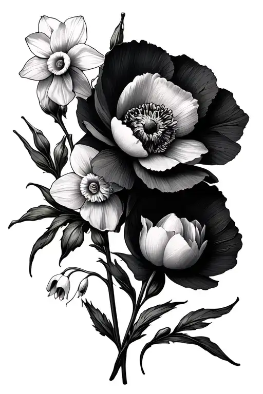 Daffodil, poppy, peony, and Snowdrop flower line tattoo design tattoo design idea