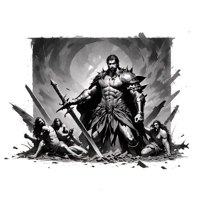 Ares in bloodstained armor, broken sword in hand, surrounded by fallen gods in a ruined war-torn Olympus tattoo design idea