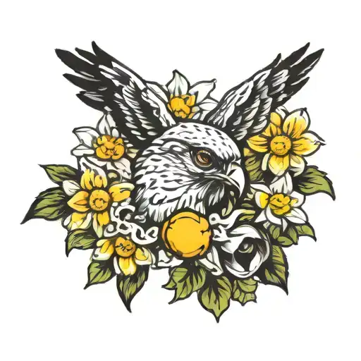 hawk eye with daisies and daffodils tattoo design idea