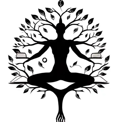 A tree of knowledge with yoga poses as the branches and books as the leaves tattoo design idea