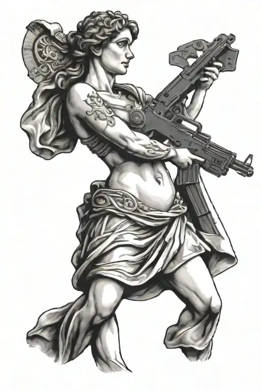 a tattoo of a female greco-roman statue, with her chest hidden by an ak47 machine gun tattoo design idea