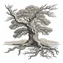 Isaiah 61:1-3. an oak tree with chains breaking. fineline and minimalistic.  tattoo design idea