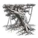 Isaiah 61:1-3. an oak tree with chains breaking. fineline and minimalistic.  tattoo design idea