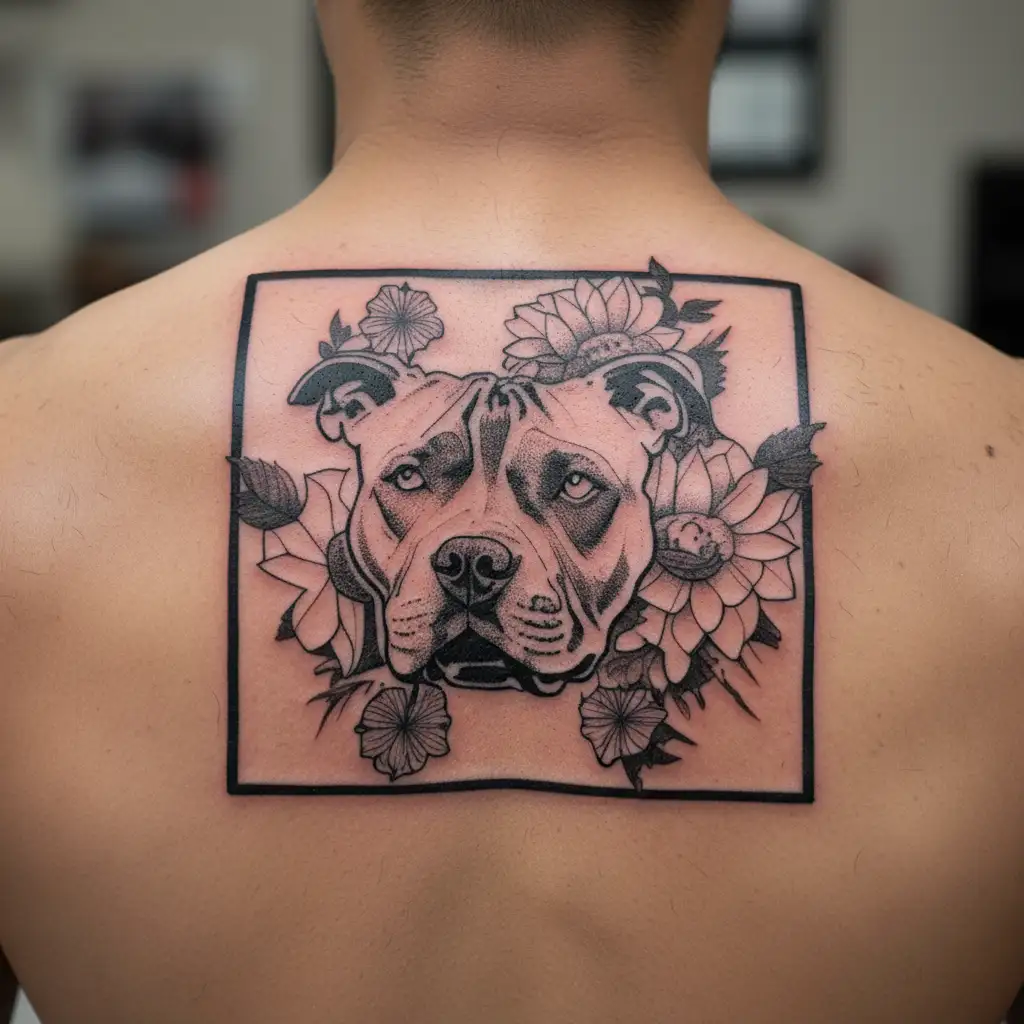 A fierce and majestic pitbull surrounded by vibrant flowers tattoo design idea