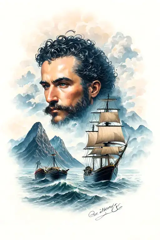 Philospher Portrair with mountains underneath him. Then a ship sailing through a storm underneath the mountains. tattoo design idea