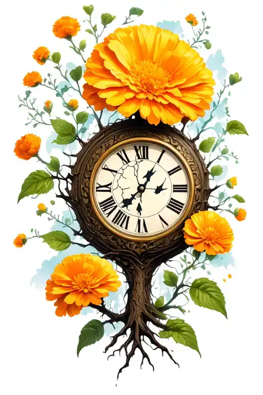 A dead tree of life with a broken clock and in a marigold flower in the background of the clock tattoo design idea