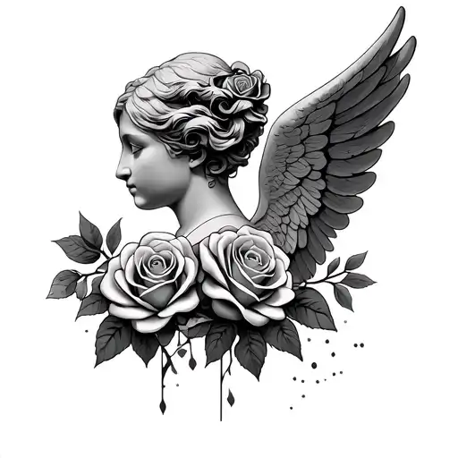 head stone angel wings roses intertwined tattoo design idea