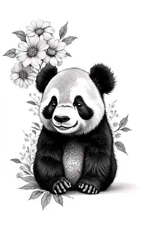 cute panda with half face as flowers  tattoo design idea