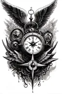 feminine full sleeve with a clock without hands, an angel wing, a compass and 3 things that symbolize my sons tattoo design idea