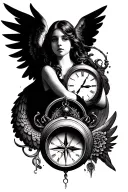 feminine full sleeve with a clock without hands, an angel wing, a compass and 3 things that symbolize my sons tattoo design idea