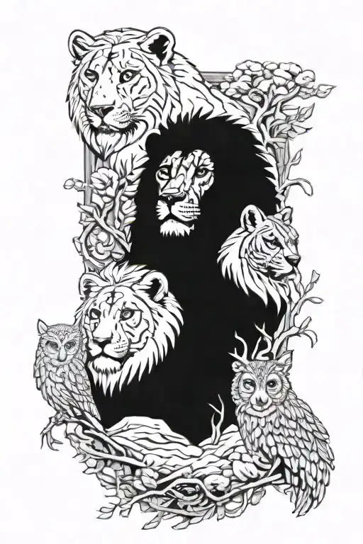 3 lions male female son wilderness and owl in background   tattoo design idea