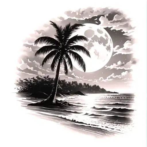 night beach scene with palm trees and a full moon tattoo design idea