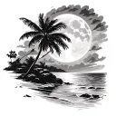 night beach scene with palm trees and a full moon tattoo design idea