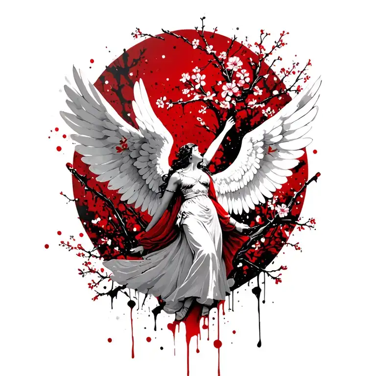 light angel with large wings spread wide, intertwined with cherry blossoms branches and small flowers  tattoo design idea