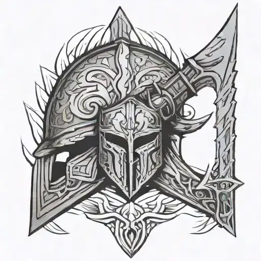 Norse helmet dented and cut, broken Norse shield with arrows piercing it, chipped seax  tattoo design idea