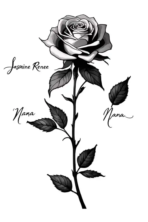 "Jasmine Renee" "Nana" "Nana" rose with a name through it on the middle finger tattoo tattoo design idea